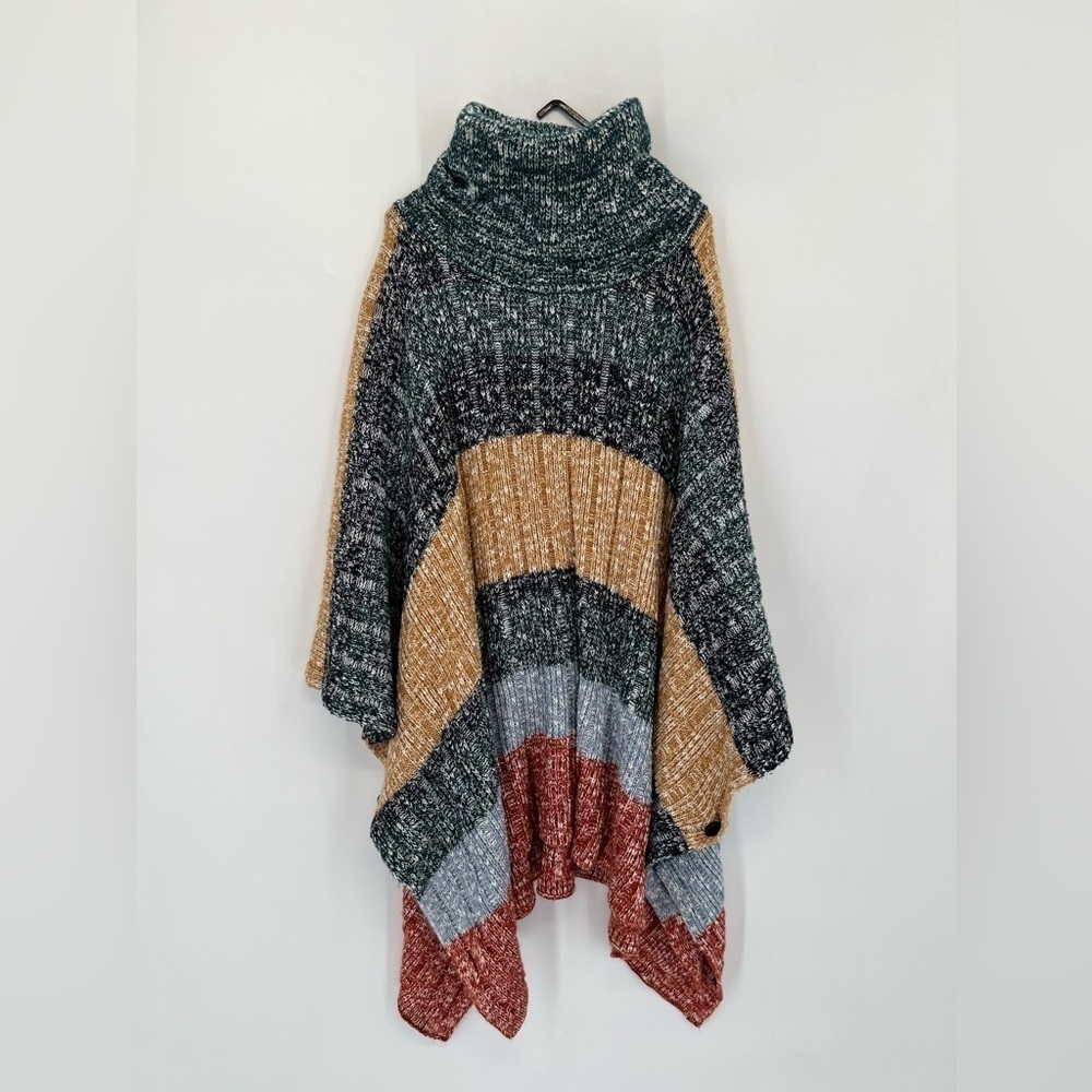 H&M Oversized Color-block Multicolor Striped Knit Turtleneck Poncho Sweater